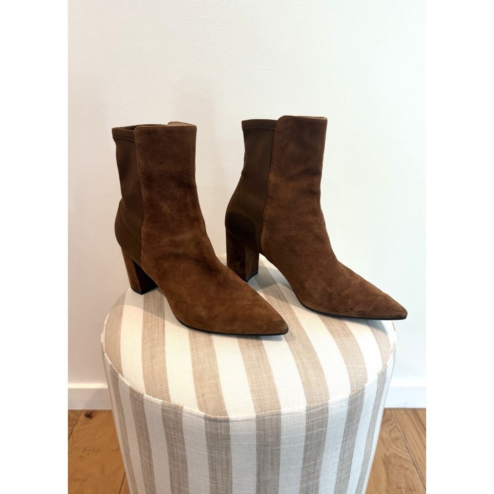 Stuart Weitzman Lonnie 75 Suede Booties US 9 Chocolate Brown Block Heel Pull On